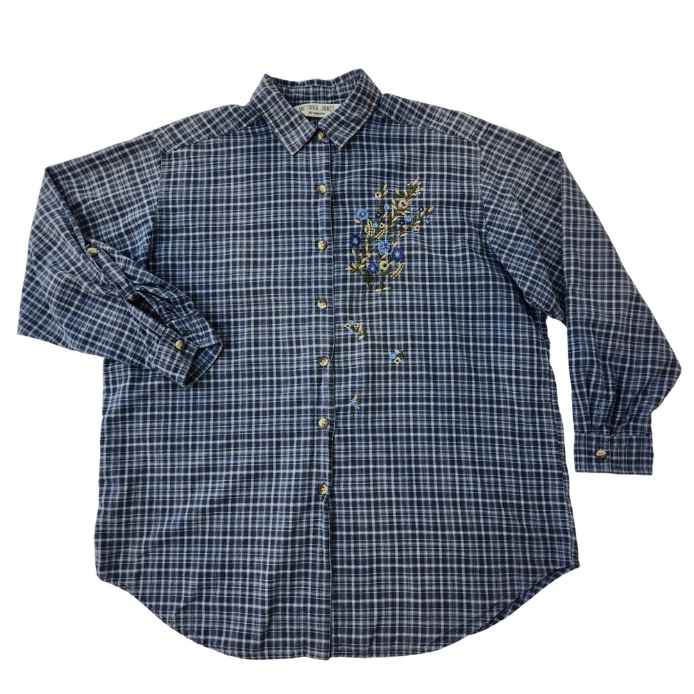 Victoria Jones Woman Blue Plaid Floral Embroidered Cotton Button Down Shirt 1X